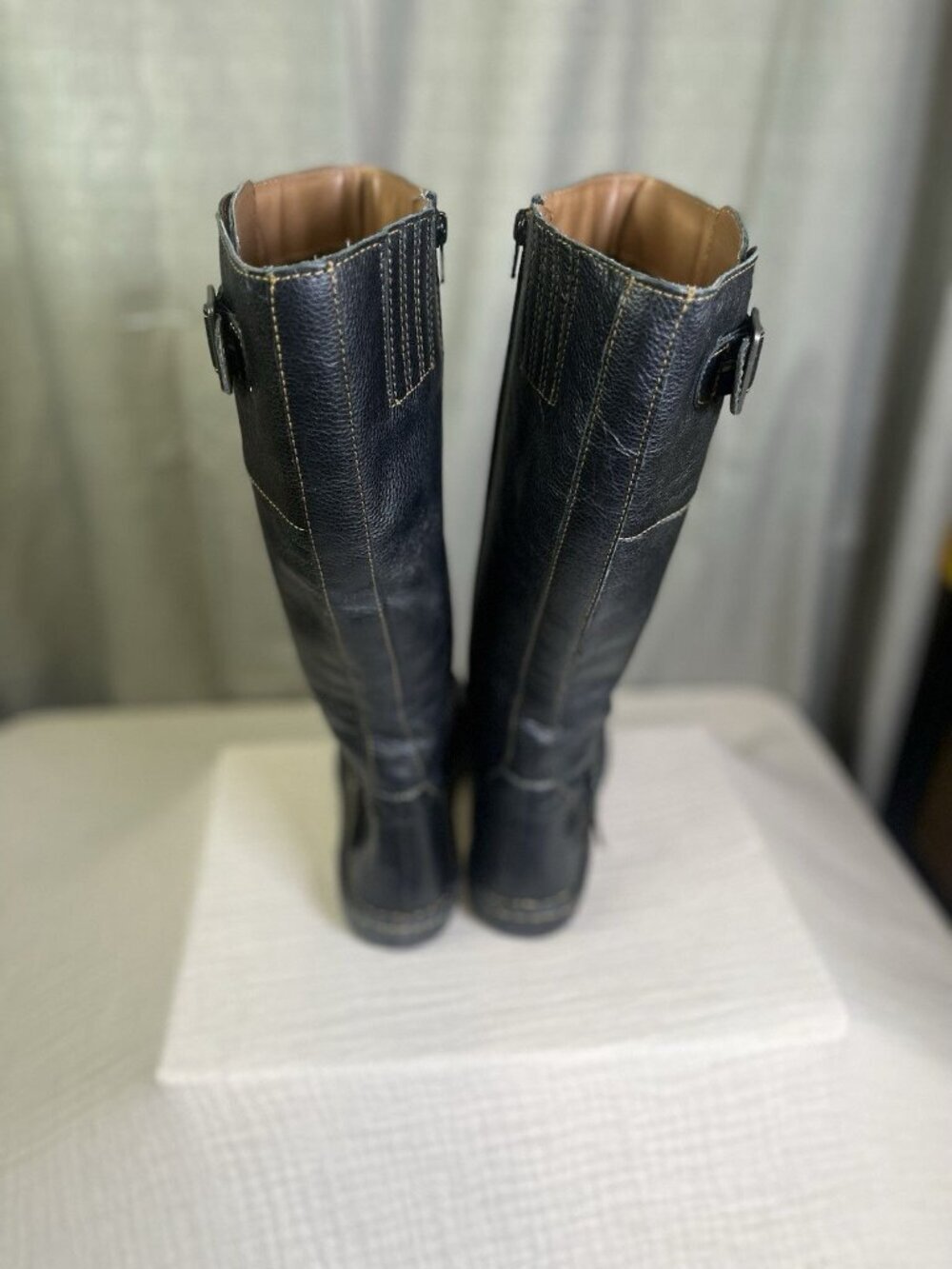 Cabelas 16” Leather Riding Boots Womens 8.5M Brown Pebbled Zip Buckle Over Calf - Picture 4 of 9
